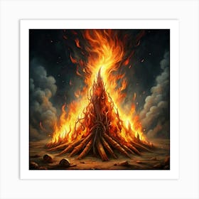 A Large Bonfire With Smoke And Flames Rising Into The Night Sky Art Print