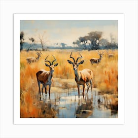 Antelopes In Water Art Print