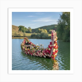 Floral Serenity Boat On Tranquil Waters Art Print