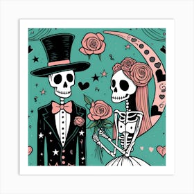 Day Of The Dead Wedding whimsical minimalistic line art 2 Art Print
