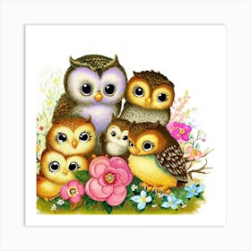 Cute Owls And Flowers Art Print