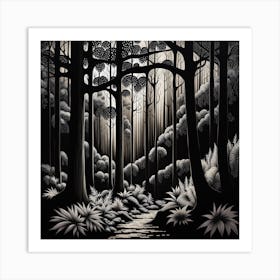 Forest At Night, black and white art Art Print