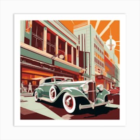 Art Deco-inspired vintage car on city street Art Print