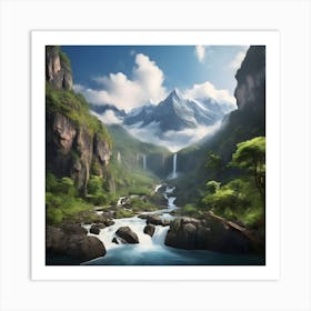 Waterfall In The Mountains Art Print