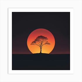 Sunset Tree, A Minimalist Line Drawing Of A Lone Tree Silhouetted Against A Fiery Sunset Art Print