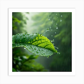 Green Leaf In The Rain Art Print