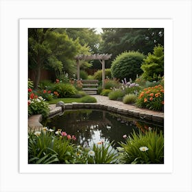 A Peaceful Garden With Blooming Flowers, A Small Pond, And A Wooden Bench 2 Art Print