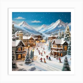 Miniature Winter Wonderland Capturing Skiers And Snowboarders Gliding Down A Snowy Landscape Surrou Art Print