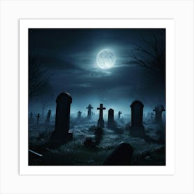 Gravestones Casting Long Ominous Shadows Under A Full Moon A Rising Mist Shrouding The Undead Figu (2) Art Print