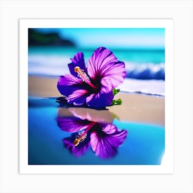 Blue Sea on the Beach with Purple Hibiscus Flower 2 Art Print