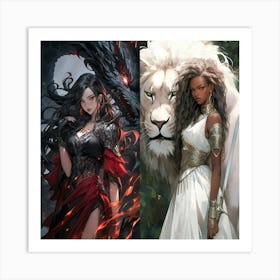 Two Women With Dragons Art Print