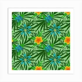 Tropical Leaves And Blue Flowers, Pattern Art Print