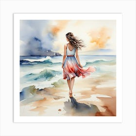 Watercolor Of A Girl On The Beach Art Print