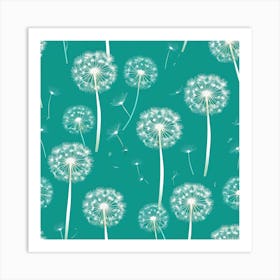 White Dandelion Seeds and Flowers on Turquoise Background Art Print