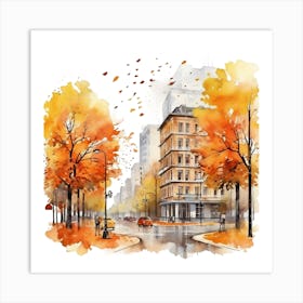 Watercolor Autumn City Street Art Print