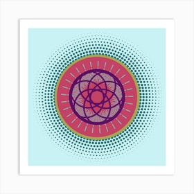 Mid-Century Modern Boho Abstract Celestial Mandala, Geometric in Aqua, Rose, and Teal Art Print