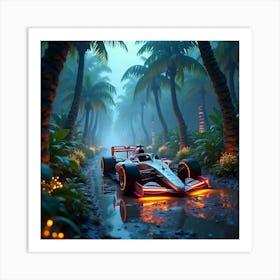 Formula Car Racing Through A High Tech Alien Jungle With Glowing Plants And Trees 1 Art Print