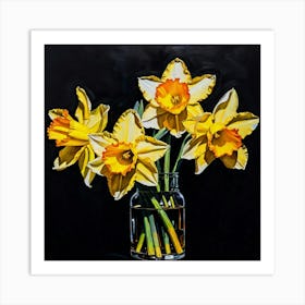 Daffodils In A Vase On A Black Backdrop Spring Still Live Art Print