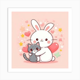 Cute Kawaii Bunny And Cat Art Print