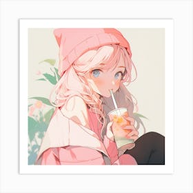 Anime Girl Drinking A Drink Art Print