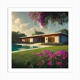 Modern House With Pool and Flowers Art Print