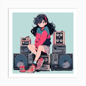 Anime Girl Sitting In Front Of Speakers Art Print