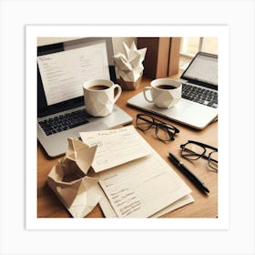 Desk With Coffee And Papers Art Print