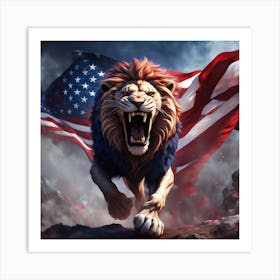 Roaring Lion With American Flag Art Print
