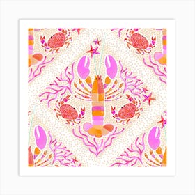 Summer Coastal Boho Lobster, Crab & Coral - Lattice Pink Art Print