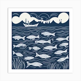 Fish In The Sea Linocut 4 Art Print