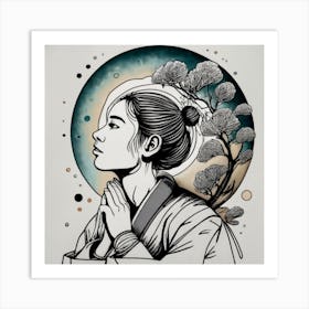 Asian Woman Praying, line art, ink art Art Print