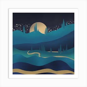 Moutain Road Under The Moonlight Square Art Print