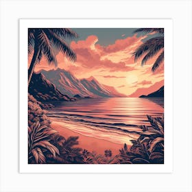 Evening Rosegold Beach at sunset amidst the mountains in an art print 5 Art Print