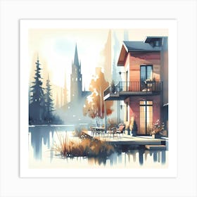 Watercolor House By The Lake Art Print