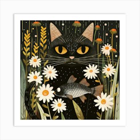 Black Cat With Fish 5 Art Print