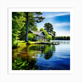 Summer House Lake Water Trees Nature Landscape Scenery Vacation Relaxation Tranquil Seren Art Print