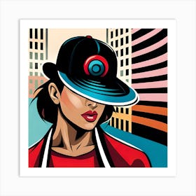 Girl In A Hat, Boy in a hat, funky art print, colorful stripes, digital design, quirky street fashion Art Print