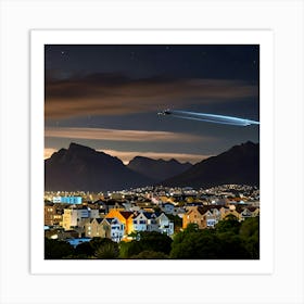 A Spaceship From Outer Space Over A Town Art Print