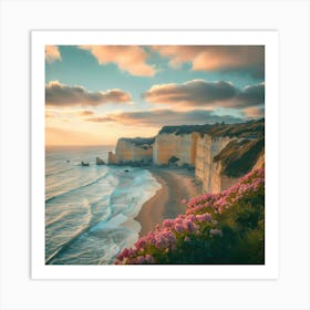 A View Of A Beach And Cliffs At Sunset Epic Art Print