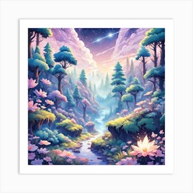 A Fantasy Forest With Twinkling Stars In Pastel Tone Square Composition 151 Art Print