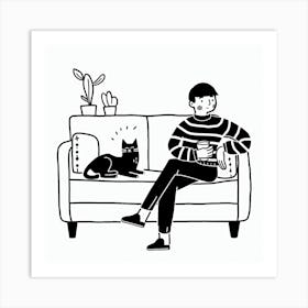 Sitting On Couch With Cat Art Print