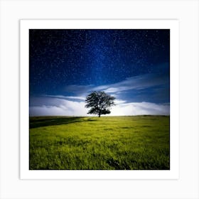 Firefly 8k, Top Quality, Live Action, Center, Night Sky, Darkness, Meadow, Plateau, Single Tree, Sea (2) Art Print