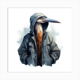 Watercolour Cartoon Heron In A Hoodie Art Print