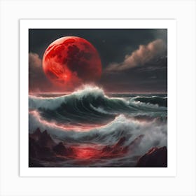 Red Moon Over The Ocean Art Print