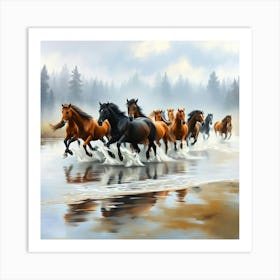 Horses Running In The Water 6 Art Print