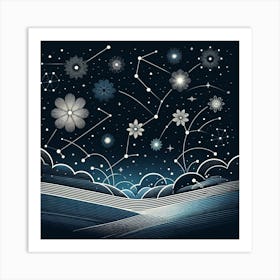 Title: "Floral Constellations: The Celestial Garden"  Description: "Floral Constellations" is an enchanting artwork that reimagines the night sky as a blossoming celestial garden. The stars are connected by delicate lines, forming intricate constellations that resemble a variety of flowers, each with its own unique pattern and design. Beneath this starry array, stylized waves crafted with fine lines suggest a dreamy, flowing landscape. This piece blends the organic with the cosmic, creating a tapestry of nature that spans the heavens and the earth. The dark backdrop accentuates the intricate details of each star-flower, inviting viewers to gaze into a universe where the wonders of the night bloom with an otherworldly light. It's a poetic visualization perfect for spaces that celebrate the mysterious beauty of the cosmos and the imaginative power of art. Art Print