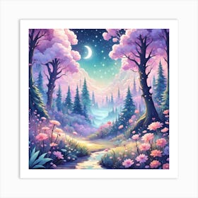 A Fantasy Forest With Twinkling Stars In Pastel Tone Square Composition 461 Art Print