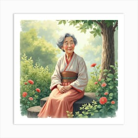 Portrait Of A Japanese Elder Woman Sitting In A Garden, Surrounded By Nature, With Gentle Light, Watercolor Art Print