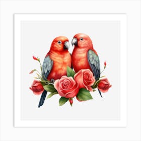 Parrots And Roses 3 Art Print