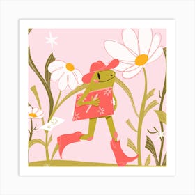 Cowboy frog walking through a field of flowers Art Print